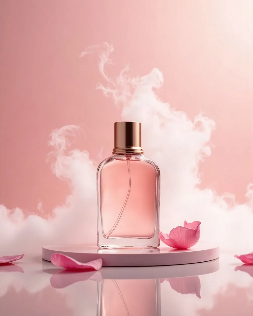 Perfume bottle with drifting mist and rose petals: only the mist and petals would move