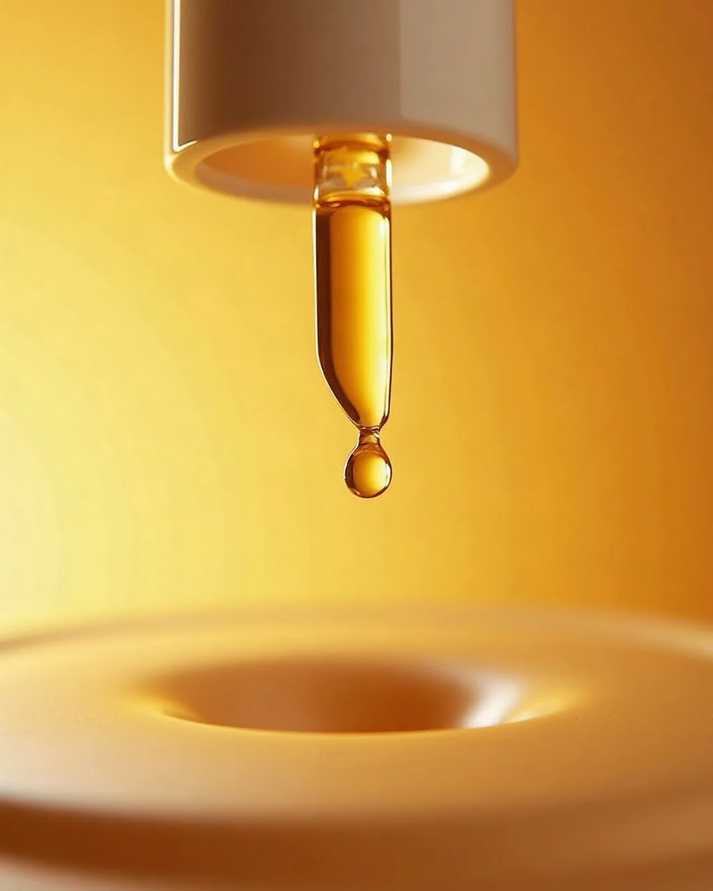 Macro of a serum droplet falling from a glass dropper, suited to a slow zoom