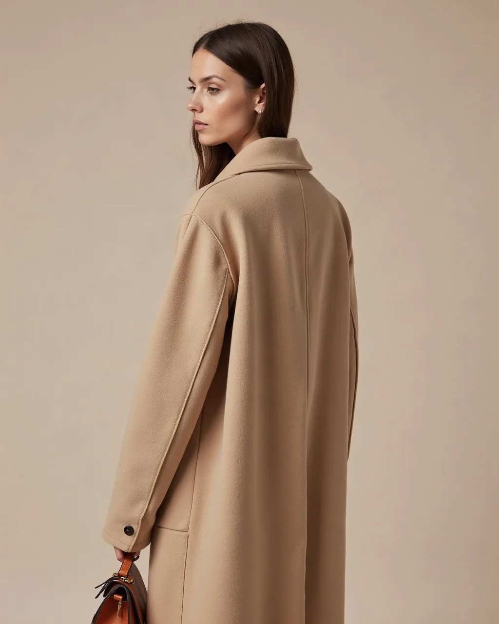 AI-generated fashion visual of a beige coat worn outdoors