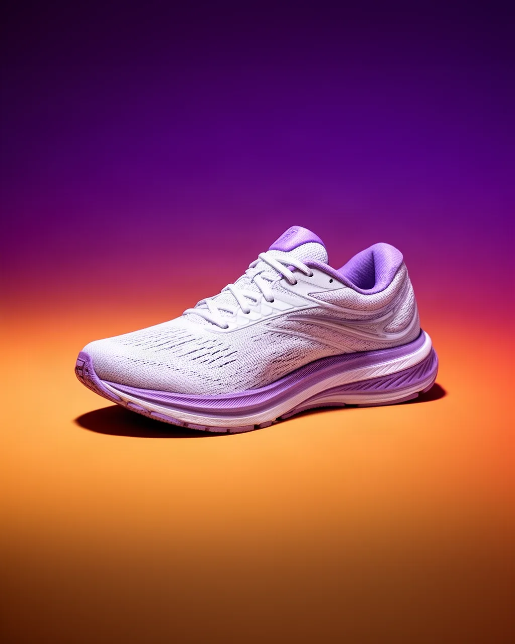 Unbranded running sneaker on a purple to orange gradient with dramatic side lighting and a subtle shadow