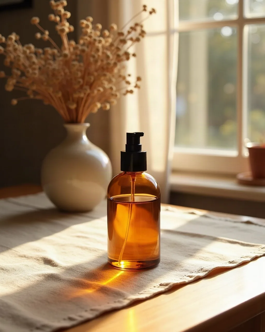 Amber perfume bottle staged in a warm lifestyle scene