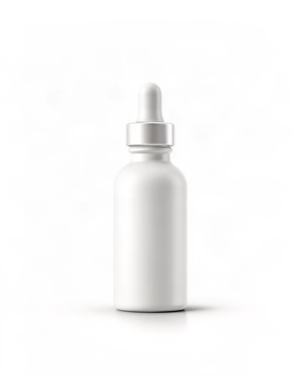 Unlabeled serum bottle with a dropper on a white seamless background, e-commerce packshot
