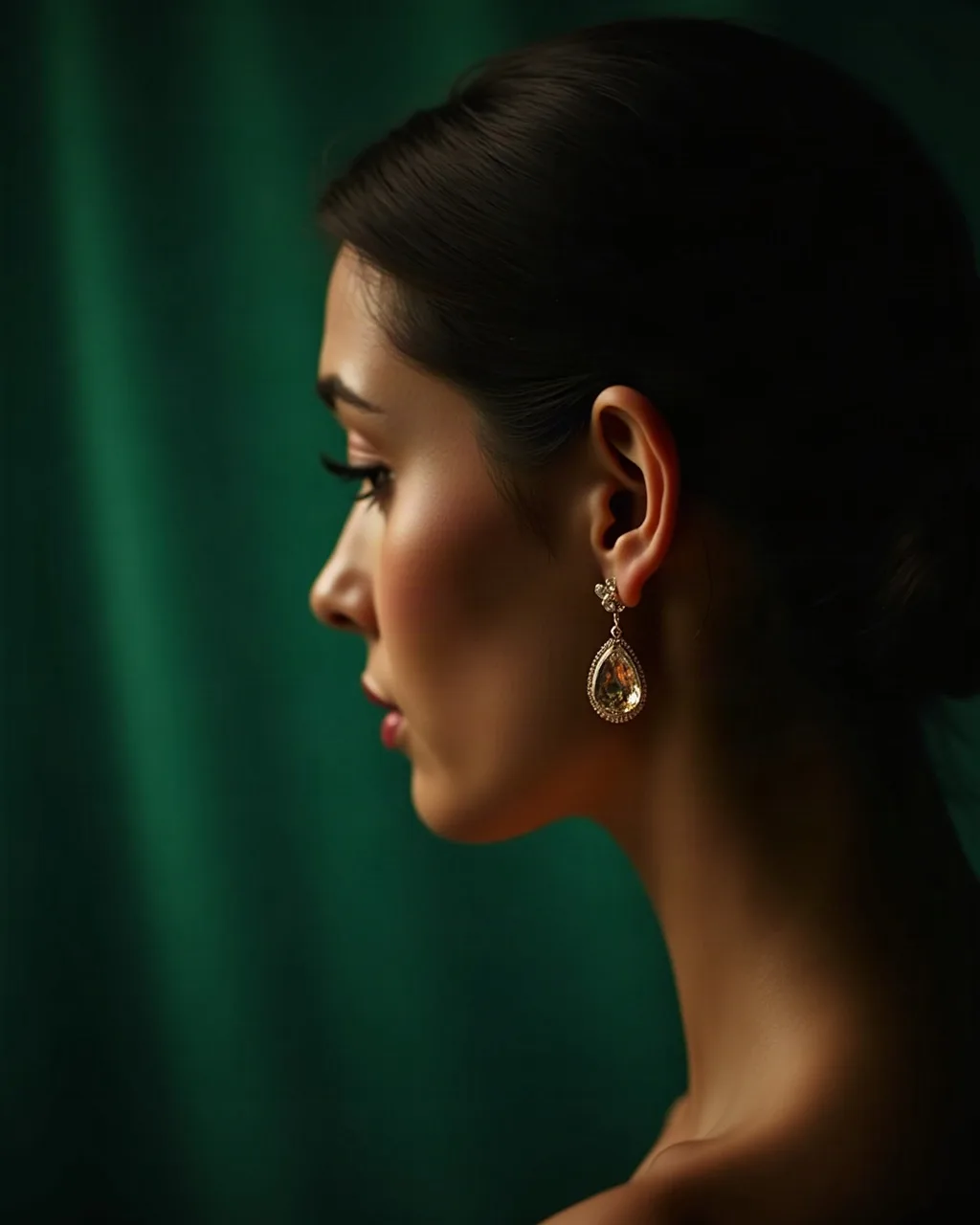 Art-directed editorial shot of gold drop earrings in chiaroscuro light against emerald velvet