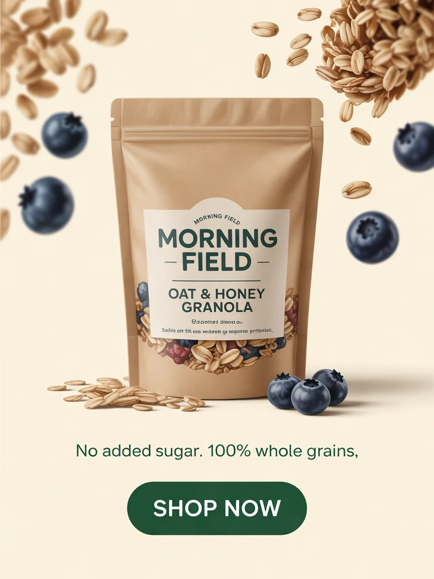 Granola ad whose brand name, product line, claim and Shop now button are all rendered inside the generated image