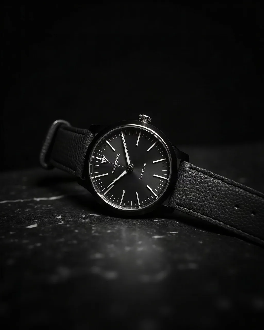 Unbranded wristwatch on dark veined marble under a single spotlight