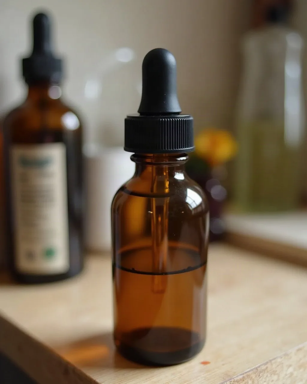 Raw phone photo of an unbranded dropper serum bottle