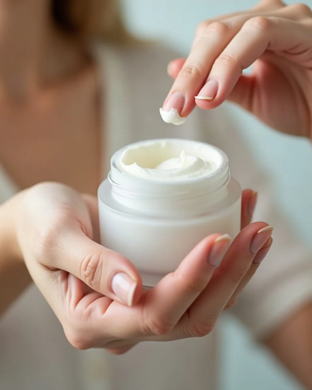 Hands scooping a cream from its jar, product demo creative