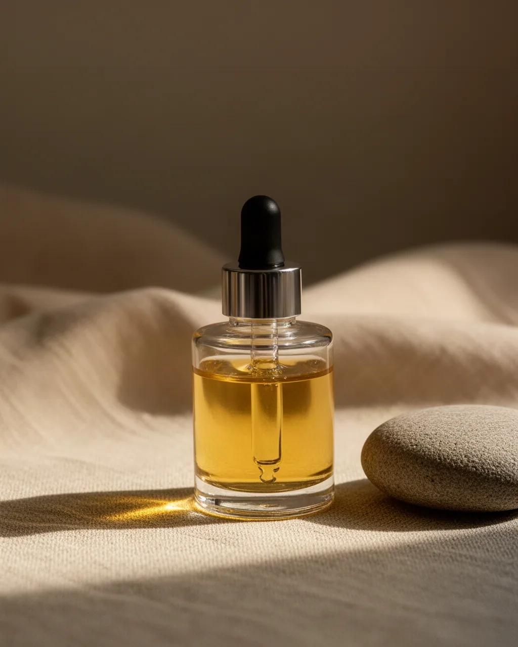 Unlabeled glass serum bottle in soft directional light on beige linen, minimalist luxury skincare composition