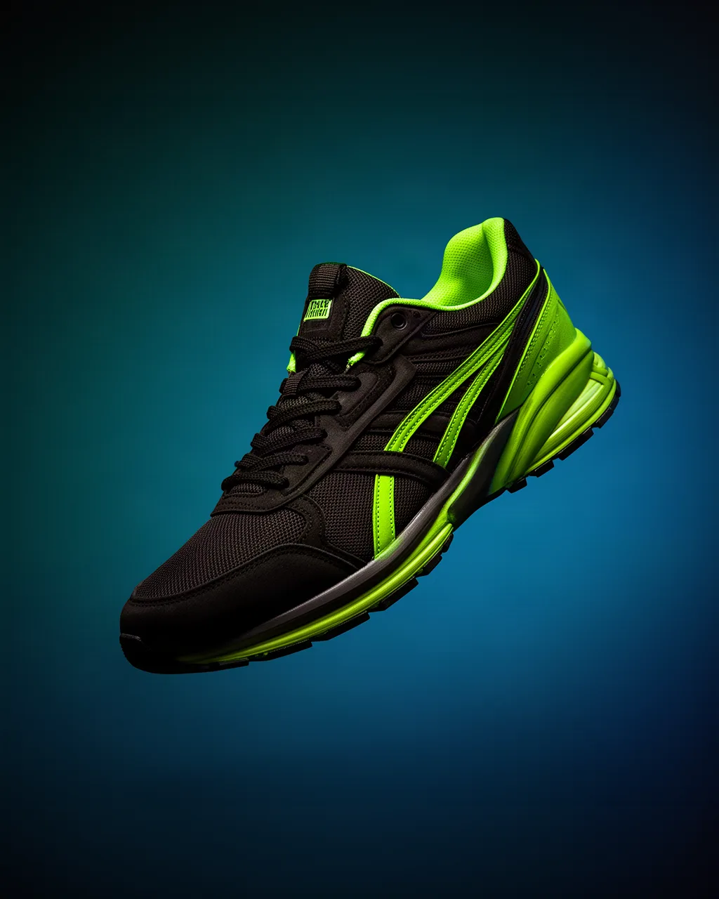 Unbranded sneaker floating on a dark gradient background with dramatic side lighting