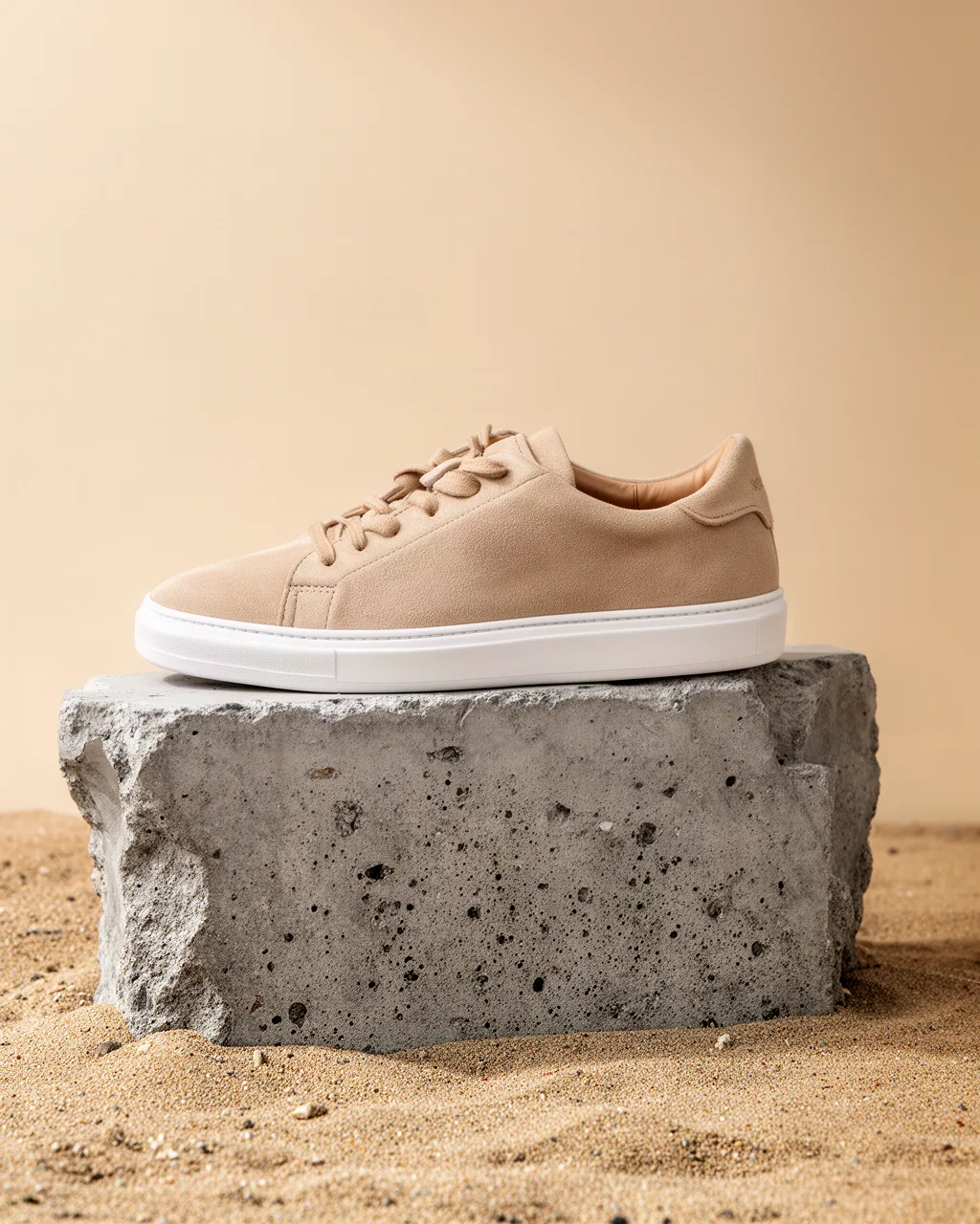 AI-generated suede sneaker on a concrete block for an e-commerce ad