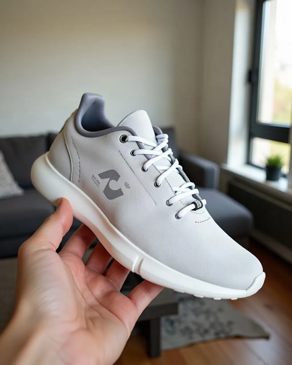 Sneaker held in hand, selfie style, suited to a handheld camera shake