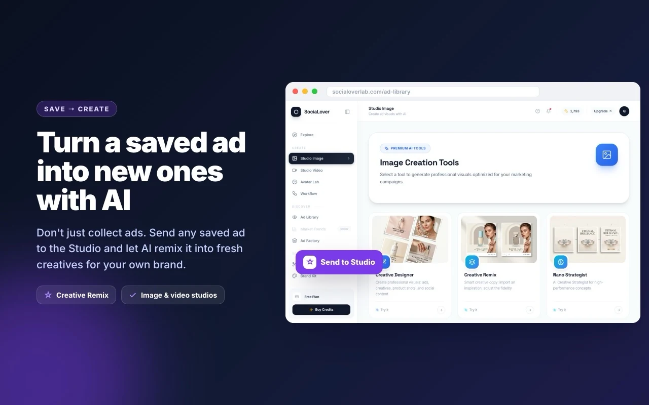 Turn a saved ad into new ones with AI: send it to the Studio in one click