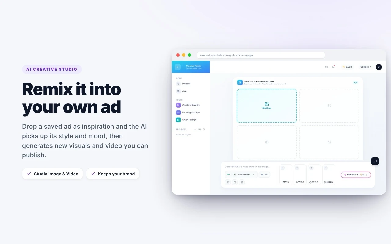 Remix it into your own ad: the AI picks up its style and mood to generate new visuals and videos