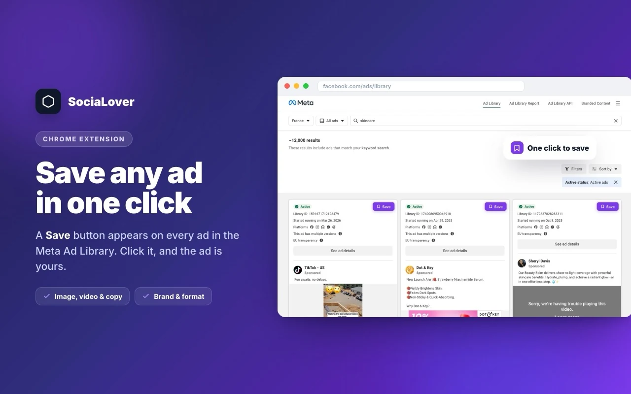 Save any ad in one click: a Save button appears on every ad in the Meta Ad Library