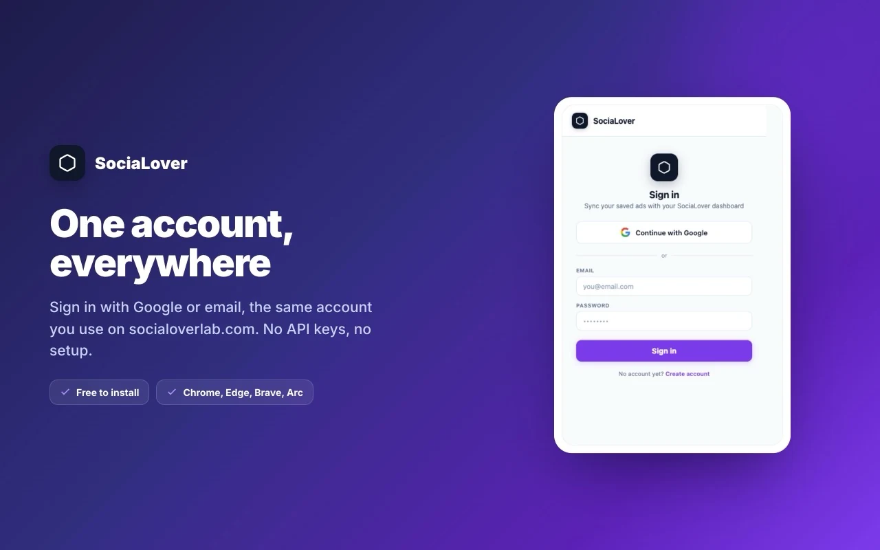 One account everywhere: sign in with Google or email, the same account as on socialoverlab.com