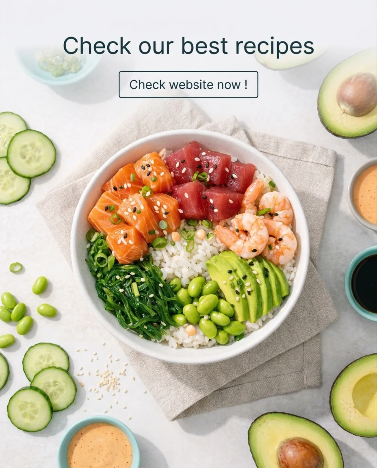 Poke bowl ad with a headline and a Check website now button