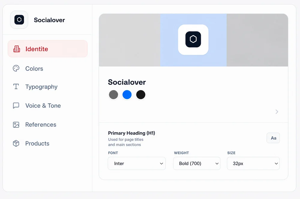 The Brand Kit panel storing logo, colors and typography