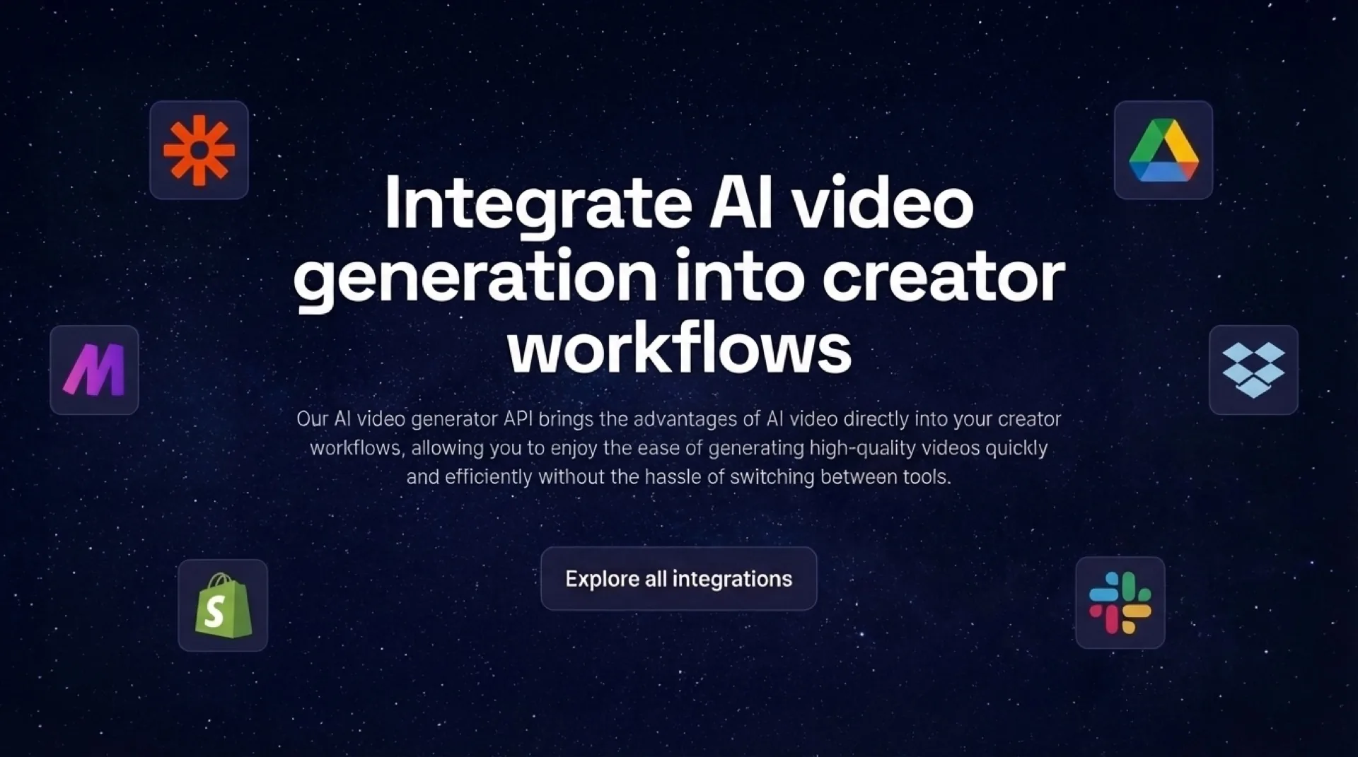 Integrate AI video generation into your workflows · Zapier, Google Drive, Make, Dropbox, Shopify, Slack