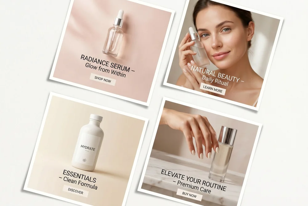 Four skincare ad cards generated as a set in Creative Designer
