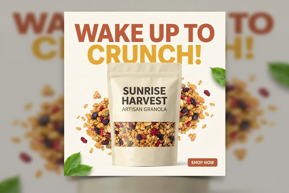 Ad creative whose headline and SHOP NOW button are rendered as clean, correctly spelled type